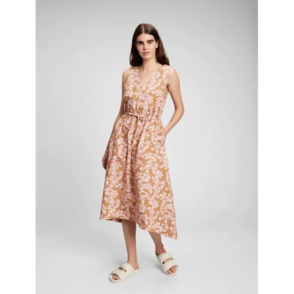 Gap Midi Dress Women Small Brown SL Midi Hanker Floral Sleeveless Pockets Cotton
